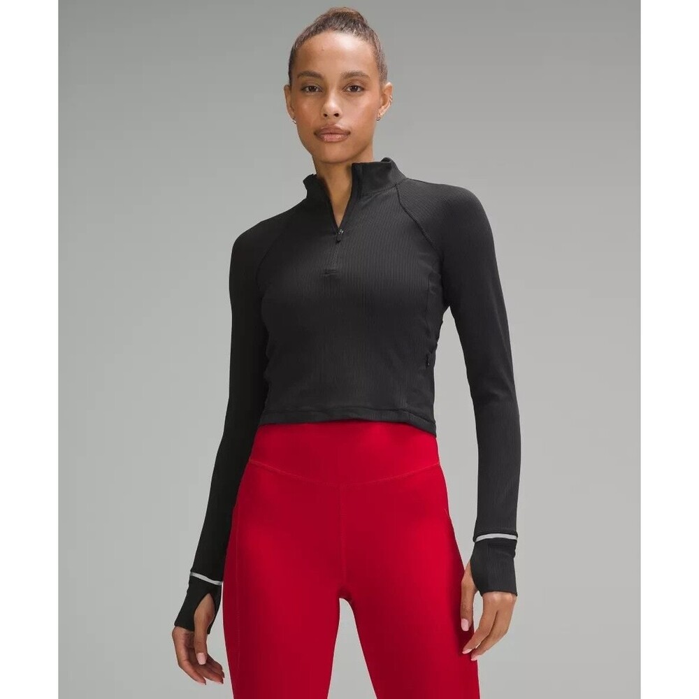 Lululemon It's Rulu Ribbed Cropped Half Zip Black Size 8 Running Pullover